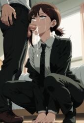 1boy 1girl after_fellatio ai_generated black_jacket black_necktie black_pants black_suit breasts brown_footwear brown_hair business_suit chainsaw_man collared_shirt crying crying_with_eyes_open cum cum_in_mouth cumdrip erection facial fellatio formal hair_ornament hairclip hetero hexogen higashiyama_kobeni indoors irrumatio jacket long_sleeves medium_hair mole mole_under_eye mole_under_mouth necktie office_lady oral pants penis rolling_eyes shirt shoes short_hair short_ponytail single_sidelock solo_focus squatting suit tears testicles uncensored white_shirt