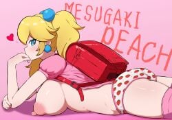 1girl ass backpack bag big_breasts blonde_hair blue_eyes breasts clothes_lift commentary_request food_print from_side fruit_print heart highres large_breasts lying mario_(series) nipples on_stomach panties pink_background pink_shirt princess_peach print_panties randoseru shirt shirt_lift simple_background solo strawberry_print strawberry_print_panties tonbi_(enbitonbi) twintails underwear white_panties