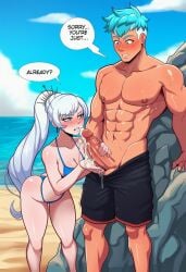 1boy 1girl abs ai_generated ass beach bikini black_male_swimwear black_shorts blue_bikini blue_eyes blue_hair blush breasts cleavage clothing cloud cum cum_on_hands cum_on_penis cumdrip dark-skinned_male dark_skin day earrings english_text erection female handjob hetero huge_penis jewelry large_breasts large_pectorals large_penis long_hair looking_at_penis male male_swimwear medium_breasts muscular muscular_male neptune_vasilias nipples ocean outdoors pectorals penis ponytail rwby sand scar scar_across_eye scar_on_face short_hair shorts shorts_pull side_ponytail sky speech_bubble sweat swimsuit testicle_grab testicles thong_bikini topless_male undercut very_long_hair water weiss_schnee white_hair