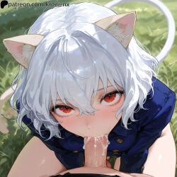 1girls ai_generated blowjob blush cat_ears cum cum_in_mouth fellatio female female_focus from_above hunter_x_hunter krowenx looking_at_viewer male_pov neferpitou oral oral_sex penis penis_in_mouth red_eyes sucking sucking_penis thighs uncensored white_hair