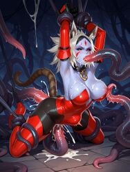 1girls ai_generated anal anal_sex animal_ears arched_back armpits arms_up black_sclera bloodstained:_ritual_of_the_night blue_body breasts chained demon_girl elbow_gloves fellatio female kneeling lamashtu_(bloodstained) large_breasts leotard nipples on_knees orgasm pleasure_face pussy red_elbow_gloves red_eyes red_leotard red_thighhighs sex stomach_bulge tail tentacle tentacle_in_mouth tentacles_around_legs tentacles_on_female thighhighs thighs topless vaginal_penetration vaginal_sex white_hair