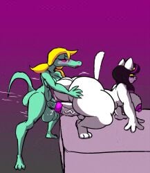 aged_up alligatorid anthro balls bedroom_sex big_balls bratty_(undertale) butt butt_grab catti_cattenheimer crocodilian darkgalgani deltarune domestic_cat duo felid feline felis genitals hand_on_butt hi_res intersex intersex/intersex interspecies mammal overweight penetration penile penile_penetration penis penis_in_penis reptile scalie undertale_(series) urethral urethral_penetration weight_difference