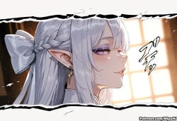 1girl ai_assisted ai_generated artist_name bangs blush bow braid breasts copyright_name curvaceous curvy curvy_female curvy_figure earrings elf female hair_bow hair_ribbon half_updo jewelry lips long_hair miyuai parted_lips pointy_ears ponytail portrait profile purple_eyes ribbon silver_hair smile solo thick thick_ass thick_butt thick_hips thick_legs thick_thighs velina_airgid voluptuous voluptuous_female wide_hips wide_thighs zenless_zone_zero