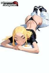 1girl absurd_res absurdres ai-created ai-generated ai_art ai_generated artist_name ass athletic_female black_panties black_shirt blonde_hair boobs breasts bust chest closed_eyes clothes_pull female fit_female full_body grin hi_res high_quality high_resolution long_hair lying on_stomach panties pants pants_down patreon patreon_username shapefan shirt simple_background smile solo stable_diffusion tagme teen_titans terra terra_(dc) thong tits uncensored underwear white_background white_pants