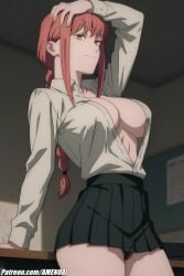 1female 1girl 1girls ai_generated amenoai big_ass big_breasts big_butt big_thighs chainsaw_man cleavage clothing girl hairy_pussy hi_res huge_ass huge_breasts indoors large_breasts light-skinned_female light_skin looking_at_viewer makima_(chainsaw_man) pleated_skirt pussy red_hair school_uniform schoolgirl shirt skirt smile solo thick_thighs uncensored wide_hips yellow_eyes