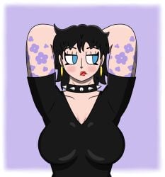 1girls armpits arms_behind_head arms_up bam_radical big_breasts black_hair black_shirt breasts doll_(one_piece) nipples one_piece solo solo_female spiked_choker tattoo tattoos