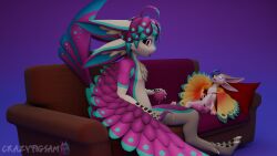 16:9 3d_(artwork) 4k absurd_res anthro avali avian blep blue_pattern crazypigsam digital_media_(artwork) dripping duo egg feathers female furniture genitals gradient_background hi_res holding_egg holding_object lying male male/female on_back orange_body orange_feathers orgasm_face oviposition penis pillow purple_body purple_feathers simple_background sofa tapering_penis tongue tongue_out vaginal_oviposition widescreen
