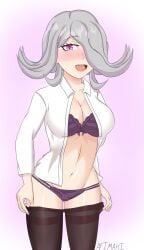 afimaki alternate_version_available blush bra braces breasts caught caught_undressing cleavage danganronpa danganronpa_3 heart-shaped_pupils kimura_seiko large_breasts open_clothes smooth_skin stripping underwear undressing