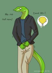 2022 anthro apex_(artist) bladder_gauge bodily_fluids bottomwear clothed clothing clothing_lift english_text genital_fluids green_background hi_res jacket male meter nervous omorashi pants potty_dance reptile scalie shaking shirt shirt_lift simple_background snake solo text topwear unzipping_pants urine urine_meter vine_snake wet wet_bottomwear wet_clothing wet_pants wetting