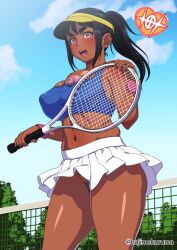 1girls big_breasts breasts busty curvaceous curvy curvy_body curvy_female curvy_figure dark-skinned_female erect_nipples female female_focus female_only hajimekuruma huge_breasts large_breasts nipples original original_character solo solo_female solo_focus tennis tennis_racket tennis_uniform thick_thighs voluptuous