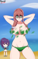 amrak angry angry_face beach black_swimsuit bow brown_hair chibi cut_clothes doki_doki_literature_club embarrassed embarrassed_female embarrassed_naked_female embarrassed_nude_female enf female green_eyes green_swimsuit hands_behind_head holding_knife holding_object knife long_hair monika_(doki_doki_literature_club) naked naked_female nude nude_female ocean purple_eyes purple_hair ripped_clothes ripped_clothing ripped_swimsuit sand scared scared_expression scared_face swimsuit_bottom torn_clothes torn_clothing torn_swimsuit water white_bow yuri_(doki_doki_literature_club)