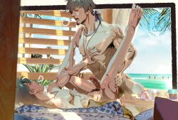 2boys abs anal armpit_hair beach black_hair bracelet brown_hair chiizu_namasu cloud command_spell completely_nude day erection facial_hair fate/grand_order fate_(series) fujimaru_ritsuka_(male) goatee hector_(fate) highres jewelry legs_up lying male_focus male_only male_pubic_hair multiple_boys navel necklace nipples nude on_back paid_reward_available pectorals penis pubic_hair saliva scar sex short_hair sky sweat toned toned_male yaoi