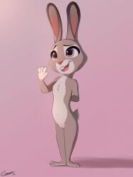 2022 absurd_res anthro barefoot biped comatose_(artist) digital_media_(artwork) disney featureless_chest feet female fingers flat_chest fur genitals gesture hi_res judy_hopps lagomorph leporid mammal nude open_mouth purple_eyes pussy rabbit simple_background smile solo standing teeth toes waving zootopia