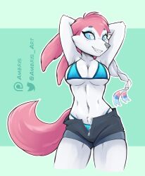 ambris anthro armpits big_breasts bikini breasts clothed eeveelution female midriff navel pokémon_(species) pokemon shorts solo sylveon tagme tail zipper zipper_pull_tab