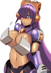 android breasts dark-skinned_female exposed_breasts green_eyes kotatuman_dash layer long_hair mega_man mega_man_x purple_hair robot_girl tagme