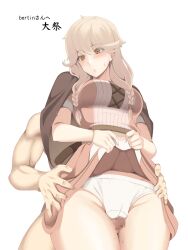 1boy 1girls big_breasts blush braids cameltoe censored clothed clothed_female_nude_male dress_lift faceless_male faye_(fire_emblem) fire_emblem fire_emblem_echoes:_shadows_of_valentia fosamaguna fully_clothed light-skinned_female light-skinned_male light_skin looking_back muscular_male nervous nintendo panties penis second-party_source skirt_lift sweat sweatdrop taisai thigh_sex upskirt white_panties