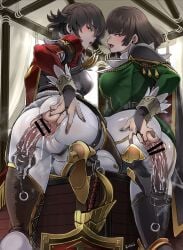 2girls anal_insertion anus anus_juice ass big_ass big_butt blush boots brown_hair butcha-u censor_bar censored dildo dildo_in_ass eye_contact fat_ass female fiorayne grabbing_own_ass hole_in_pants large_insertion looking_at_viewer looking_back monster_hunter monster_hunter_rise object_insertion ripped_clothing rondine sex_toy short_hair spread_ass standing thick_ass thick_thighs thighs tight_clothing tight_pants