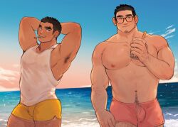 2boys armpit_hair armpits arms_behind_head bara beach brown_hair bubble_tea chest_hair clothed clothing dark_hair drink earrings facial_hair glasses goatee hairy_legs happy_trail kim_liong_(shanshankuo) leg_hair male male_only nipples nipples_visible_through_clothing see-through_clothing shanshankuo shirtless short_hair shorts standing tank_top tsi-ho_(shanshankuo) wet