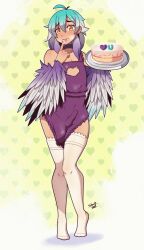 1boy amber_eyes apron baking cake cock_outline collar ear_piercing feathered_wings feathers femboy finger_in_mouth harpy icing lán licking male male_only multicolored_feathers multicolored_hair piercing purple_hair shy solo sweets thighhighs