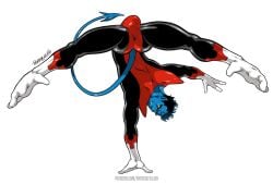 1boy ass blue_skin fully_clothed kurt_wagner male male_focus male_only marvel marvel_comics nightcrawler patrick_fillion skin_tight solo tail three_fingers uncensored upside-down white_background x-men yaoi yellow_eyes