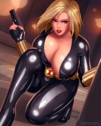 1girls avengers avengers:_infinity_war big_breasts big_lips black_widow_(marvel) blonde_female blonde_hair blue_eyes bodysuit boots breast_window breasts breasts_bigger_than_head cleavage cleavage_window clothed deviantart_url gun high_heel_boots huge_breasts human human_only latex latex_bodysuit latex_suit light-skinned_female light_skin marvel marvel_cinematic_universe natasha_romanoff patreon_url red_lips red_lipstick shiny_latex short_hair superheroine svoidist thick_thighs utility_belt