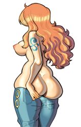 1girls areolae ass back_view big_ass big_breasts big_butt breasts edu_pompom female female_focus female_only hip_dips jeans long_hair nami nipples one_piece orange_hair pants post-timeskip sideboob tattoo thick_thighs white_background