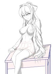 bow breasts_out breasts_out_of_clothes dagu desk doki_doki_literature_club exposed_breasts looking_at_viewer monika_(doki_doki_literature_club) no_color sitting sitting_on_desk sketch skirt