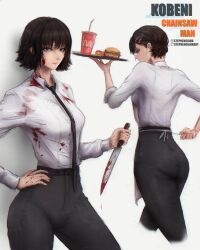 apron asian_female black_hair blood chainsaw_man clothed_female deviantart higashiyama_kobeni knife mommy_vibes stephengiann tagme thick_ass thick_thighs