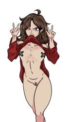 brown_hair exhibitionism female flat_chest original_character reddokun