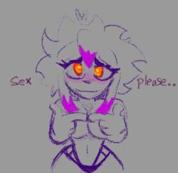 blush dara_(temple_nightmares) dyed_hair female heart-shaped_pupils itzdarknsfw naked_female orange_eyes pleading purple_highlights red_eyes shy_fingers tagme