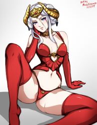 1girls areolae artist_name breasts crown dated edelgard_von_hresvelg female female_only fire_emblem fire_emblem:_three_houses long_hair minacream nintendo post-timeskip purple_eyes signature smirk solo thighhighs