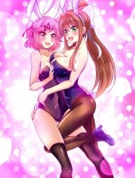 2girls big_breasts bow brown_hair bunny bunny_ears bunny_girl bunny_tail bunnysuit doki_doki_literature_club female female_only green_eyes happy holding_each_other long_hair looking_at_viewer monika_(doki_doki_literature_club) multiple_girls natsuki_(doki_doki_literature_club) nexus_avelon oerba_yun_fang open_mouth pink_background pink_eyes pink_hair ponytail short_hair smiling tatigami white_bow