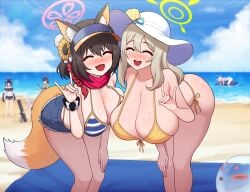2girls abydos_high_school_student allied_hyakkiyako_academy_student animal_ears ass ayane_(blue_archive) ayane_(swimsuit)_(blue_archive) beach big_ass big_breasts bikini blue_archive blush breasts cap closed_eyes cute_fang female female_focus female_only foreclosure_task_force_(blue_archive) fox_girl happy hat hoshino_(blue_archive) hoshino_(swimsuit)_(blue_archive) huge_breasts humanoid izuna_(blue_archive) izuna_(swimsuit)_(blue_archive) micro_bikini minishorts ninjutsu_research_club_(blue_archive) nonomi_(blue_archive) nonomi_(swimsuit)_(blue_archive) official_alternate_costume poper serika_(blue_archive) serika_(swimsuit)_(blue_archive) shiroko_(blue_archive) shiroko_(swimsuit)_(blue_archive) shorts tail thick_thighs thong