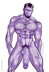 1boy abs big_penis black_hair chest_hair class_comics deimos_(class_comics) demon demon_horns facial_hair horns male male_focus male_only muscular muscular_male nude patrick_fillion pecs pubic_hair purple_skin solo solo_male veiny_arms