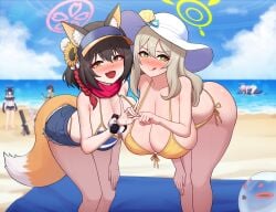 2girls abydos_high_school_student allied_hyakkiyako_academy_student animal_ears ass ayane_(blue_archive) ayane_(swimsuit)_(blue_archive) beach bent_over big_ass big_breasts bikini blonde_female blue_archive blush breasts cap eye_contact female_focus female_only foreclosure_task_force_(blue_archive) fox_girl green_eyes green_hair hat heart-shaped_pupils hoshino_(blue_archive) hoshino_(swimsuit)_(blue_archive) humanoid izuna_(blue_archive) izuna_(swimsuit)_(blue_archive) looking_at_viewer micro_bikini minishorts ninjutsu_research_club_(blue_archive) nonomi_(blue_archive) nonomi_(swimsuit)_(blue_archive) official_alternate_costume poper serika_(blue_archive) serika_(swimsuit)_(blue_archive) sex_gesture sexually_suggestive shiroko_(blue_archive) shiroko_(swimsuit)_(blue_archive) shorts tail thick_thighs thong