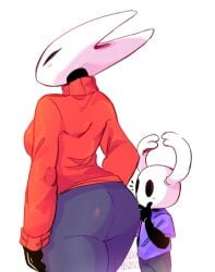 anthro arthropod ass blush bottomwear clothed clothing denim denim_clothing duo female hanaarts hi_res hollow_knight hornet_(hollow_knight) insects jeans larger_female male male/female modern_au pants protagonist_(hollow_knight) shirt siblings size_difference smaller_male sweater team_cherry topwear turtleneck video_games