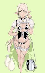 barefoot bell_collar blonde_female blonde_hair cosplay cum elf elf_ears femboy green_eyes lee lingerie maid milk_maid pointy_ears ponytail pumps shy solo solo_femboy