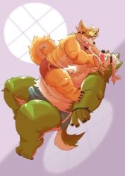 2022 anthro black_nose blush bodily_fluids bulge canid canine canis clothed clothing domestic_dog duo erection erection_under_clothing genital_fluids green_body hi_res hottophoto humanoid_hands kemono lifewonders live-a-hero lying male male/male male_only mammal mokdai overweight overweight_male precum procy_(live_a_hero) scar size_difference underwear video_games