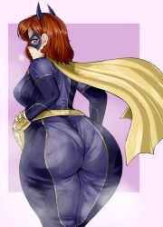 1girls ass barbara_gordon batgirl batman_(series) big_ass blue_eyes blush cape dat_ass dc dc_comics female female_only gotham_knights human light-skinned_female light_skin masked_female moisty_boo pawg rear_view red_hair redhead solo solo_female solo_focus superheroine sweat thick thick_ass wide_hips yellow_cape