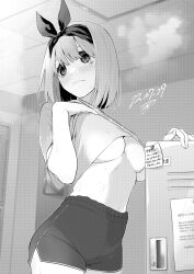 1girls bangs blush breasts cleavage collarbone female female_only frown go-toubun_no_hanayome greyscale hand_on_own_chest highres indoors kckcdkkn large_breasts locker locker_room looking_to_the_side md5_mismatch monochrome nakano_yotsuba no_bra shirt short_hair shorts signature solo solo_focus sticky_note underboob