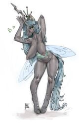 2020 anthro anthrofied arthropod blue_hair blue_tail breasts changeling collarbone crown female friendship_is_magic genitals green_eyes hair half-closed_eyes hanging_breasts hasbro hi_res hooves horn insect_wings lips long_hair long_tail my_little_pony narrowed_eyes nipples non-mammal_breasts nude pussy queen_chrysalis_(mlp) reptilian_orbit signature smile solo standing unicorn_horn wide_hips wings