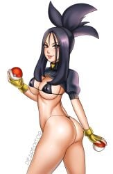 1girls ass big_breasts black_hair breasts deareditor dendra_(pokemon) eye_contact female female_only fingerless_gloves game_freak gloves long_hair looking_at_viewer micro_bikini nintendo pokemon pokemon_(game) pokemon_sv solo solo_female thighs thong tied_hair