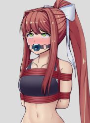 1girls abs arms_tied_behind_back athletic athletic_female ball_gag bangs bondage bonkulus bound bow_in_hair bra breasts brown_hair burgundy_hair deepthroat dildo dildo_mask doki_doki_literature_club drool drooling female female_only femsub fit_female fringe fully_clothed gag gagged gagging ginger green_eyes hands_tied imminent_deepthroat innocent medium_breasts monika_(doki_doki_literature_club) pale-skinned_female petite pink_hair ponytail questionable_consent rolling_eyes rope rope_bondage sports_bra submissive_female surprise_deepthroat surprised throat_training tight_throat tongue_out