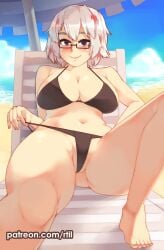 1girls beach bikini blue_eyes blush eye_contact female female_focus female_only fuyumi_todoroki glasses looking_at_viewer my_hero_academia rtil short_hair smile solo solo_female thick_thighs thighs two_tone_hair white_hair