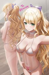 1girls absurdres armpits ass bikini blonde_female blonde_hair blush bow breasts choker cleavage closed_mouth collarbone commentary commission curly_hair english_commentary english_text female female_only geomissword green_eyes hairbow halter_top halterneck highleg highleg_bikini highres korean_text large_breasts long_hair micro_bikini mirror multiple_views navel original outstretched_arm ponytail pubic_tattoo purple_bow raised_eyebrows reflection selfie sidelocks smile solo strap_gap sweatdrop swimsuit tattoo thong wavy_hair white_bikini white_choker