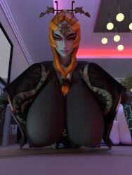 3d_(artwork) alternate_breast_size bent_over black_skin blender_(software) cloak functionally_nude functionally_nude_female hair_accessory headgear headpiece huge_breasts large_breasts lipstick looking_at_viewer midna nintendo on_hands_and_knees orange_hair pov puffy_nipples red_eyes sagging_breasts smile smirk smug solo solo_female sticki_bun tagme the_legend_of_zelda twili_midna twilight_princess