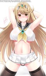 1girls arms_above_head black_panties blonde_hair breasts brooch gabriel_evangel highleg highleg_panties highleg_thong large_breasts long_hair mythra nintendo panties school_uniform skirt thighhighs thong tiara underboob xenoblade_(series) xenoblade_chronicles_2 yellow_eyes