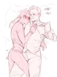 2boys aziraphale blush clothed clothing crowley cuddling gay good_omens grinding human kyrosh leg_humping male male/male male_only sketch tagme text