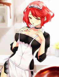 1girls apron breasts choker esther-shen female frilled_choker headpiece kitchen large_breasts maid maid_apron maid_headdress maid_uniform nintendo pyra red_eyes red_hair short_hair standing xenoblade_(series) xenoblade_chronicles_2