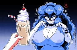 almkornkid angry big_breasts blue_hair blush breasts em_(character) embarrassed female glasses lactating leaking_milk meme milk milkshake stained_clothes sweat tagme